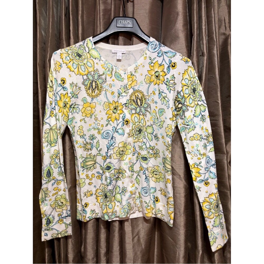 Charter Club White Cardigan with Subtle Pastel Floral Print #1940